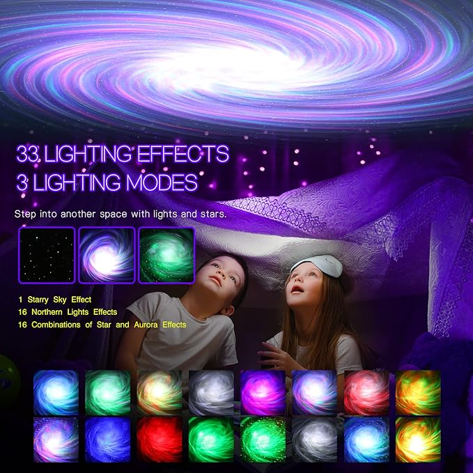 Northern Galaxy Light Aurora Projector with 33 Light Effects, Night Lights LED Star Projector for Bedroom Nebula Lamp, Remote Control, White Noises, Bluetooth Speaker for Parties, Jet Black