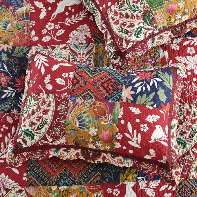 ENASAL Cotton Bedspread Quilt Sets Reversible Bedding Coverlet Sets Comforters Vintage Luxury Damask Floral Real Patchwork Burgundy Bedspread,Queen Size