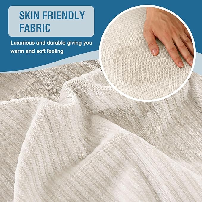 H.VERSAILTEX Velvet Stretch Sectional Couch Covers - 4 Piece Set, L Shape, Ivory Striped (Large Sofa 3 Seater + 1 Chaise)