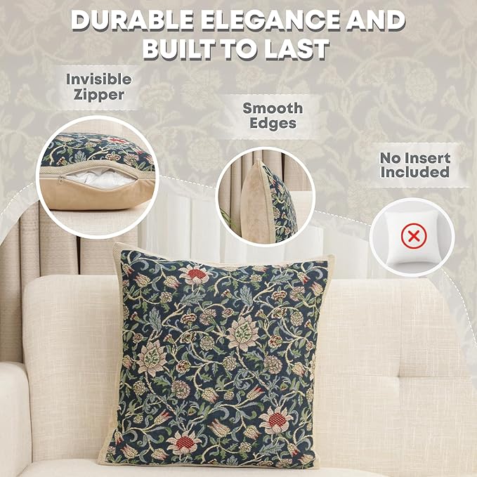 Charlotte Home Furnishings Throw Pillow Covers 16x16 in, Blue Flowers Decorative Couch Pillow Cover, Boho Decor European Tapestry Cushion Cases, Living Room Cozy Home Decor, Jacquard Woven Soft Cotton