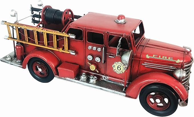 Retro Fire Truck Diecast Model - Metal Miniature Vehicles, Large Fire Fighting Truck Decor, 16.4'' Long