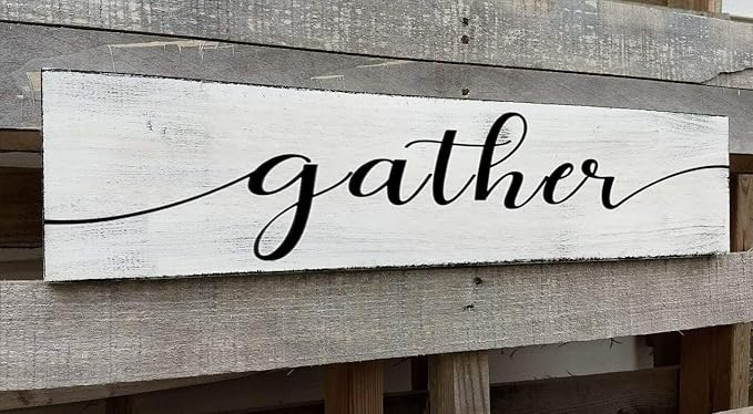 Gather Signs for Home Decor White, Rustic Farmhouse Dining Room Decor Wood Wall Hanging Plaque Gather Wall Decor for Living Room Kitchen Signs 6x16 Inch