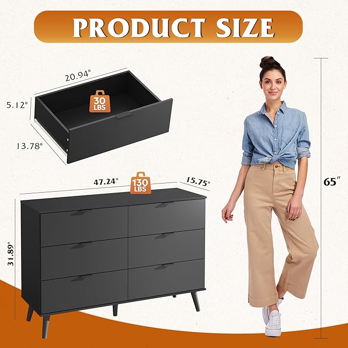WLIVE Black Dresser for Bedroom, 47.24'' Wide 6 Drawer Wood Dresser Storage Organizer with Sturdy Metal Handle, TV Stand for 55 inch TV, Chest of Drawers for Living Room, Hallway, Closet