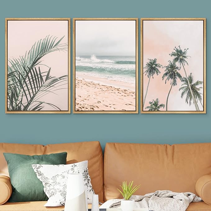 SIGNWIN Framed Canvas Print Wall Art Set Tropical Palm Leaf Beach Ocean Shore Landscape Nature Wilderness Modern Art Realism Decorative for Living Room, Bedroom, Office - 16"x24"x3 Natural