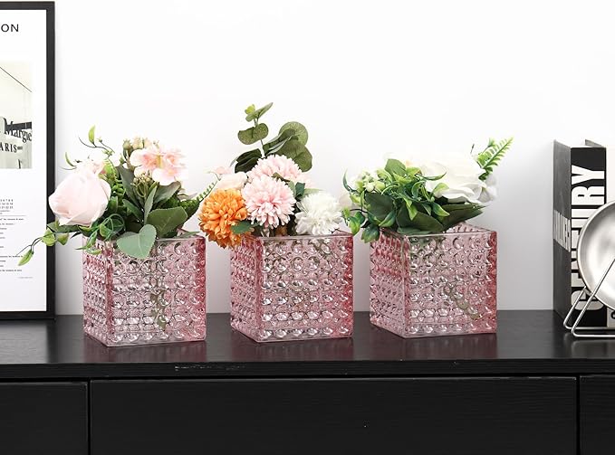 Square Vases Set of 6, 5" x 5" x 5" Square Glass Vases for Flowers, Pink Flower Vase for Centerpieces, Small Bubble Vase for Wedding, Party, Home, Office, Parties, Events