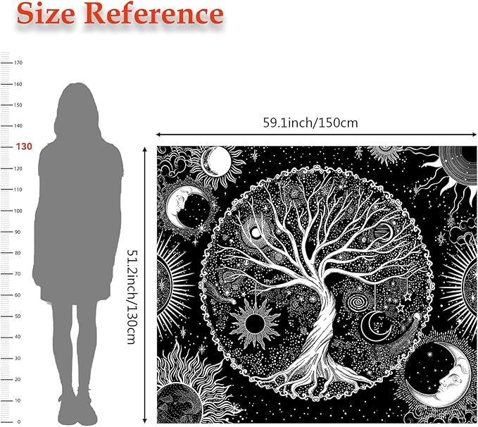 AACKart Tree of Life Tapestry for Bedroom Aesthetic Room Decor-Black and White Spiritual Tree Tapestry Wall Hanging with Sun Moon Star 59.1 x 51.2 inches