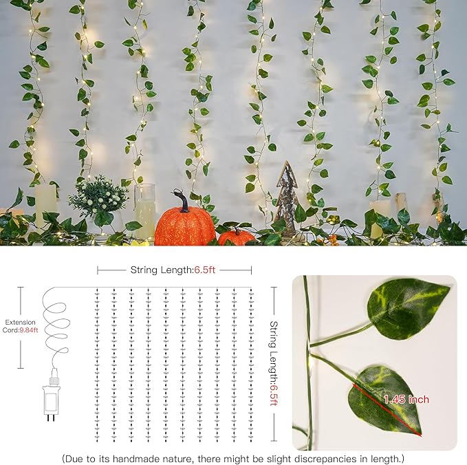 suddus 200 LED Vine with Light Plug in, 6.5ft x 6.5ft Pothos Fairy Curtain Lights with Remote, Leaf Fairy Lights for Wall,Bedroom, Dorm, Wedding, Party, Indoor Decor(Warm White)