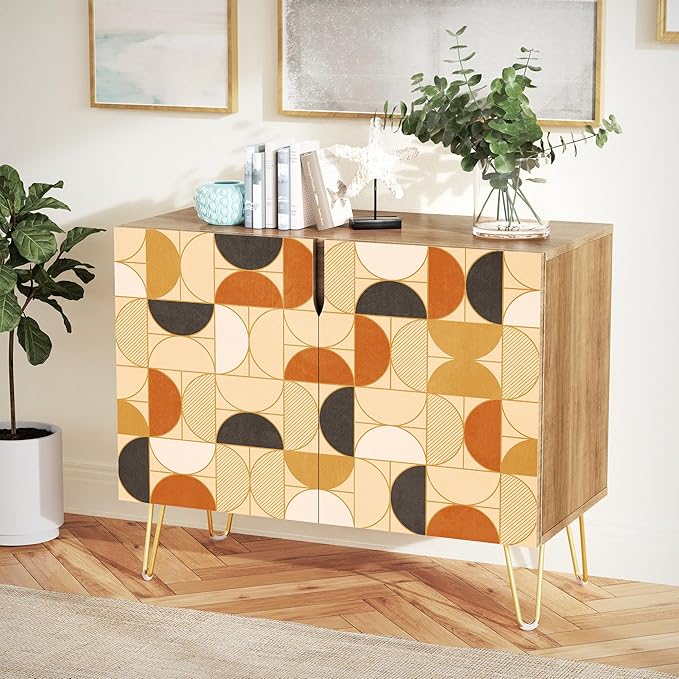 SIGNWIN Sideboard Buffet Cabinet, Kitchen Storage Cabinet with 2 Doors, Tan Brown Polygonstric, Cupboard Console Table for Dining Room - 35" L x 18" W x 29" H