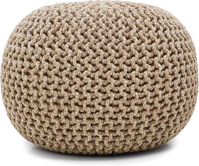 REDEARTH Round Pouf Ottoman - Hand Knitted Cable Boho Poof Home Décor Pouffe Circular Footrest for Living Room - Nursery - Bedroom - Lounge 100% Cotton (19.5"x19.5"x14") - Beige Ivory