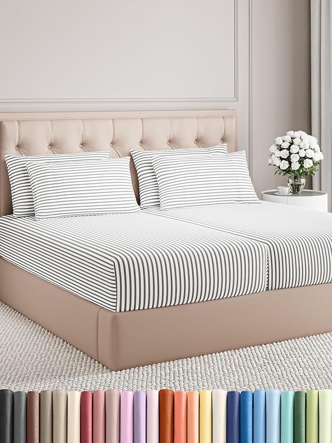 Split King Sheets Set 7 Piece - Includes 4 Pillowcases - Bed Sheets Split King - Soft Hotel Luxury Bedding - Cooling and Breathable - 1 Flat & 2 Fitted & 4 Pillowcases w/ Deep Pockets - Grey Stripes