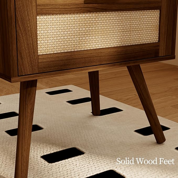 Rattan Nightstand with Charging Station,Farmhouse Bedside Table with 2 Storage Drawer and Open Wood Shelf, for Bedroom and Small Spaces,Night Stand with Solid Wood Legs (Walnut Brown-Outlet)