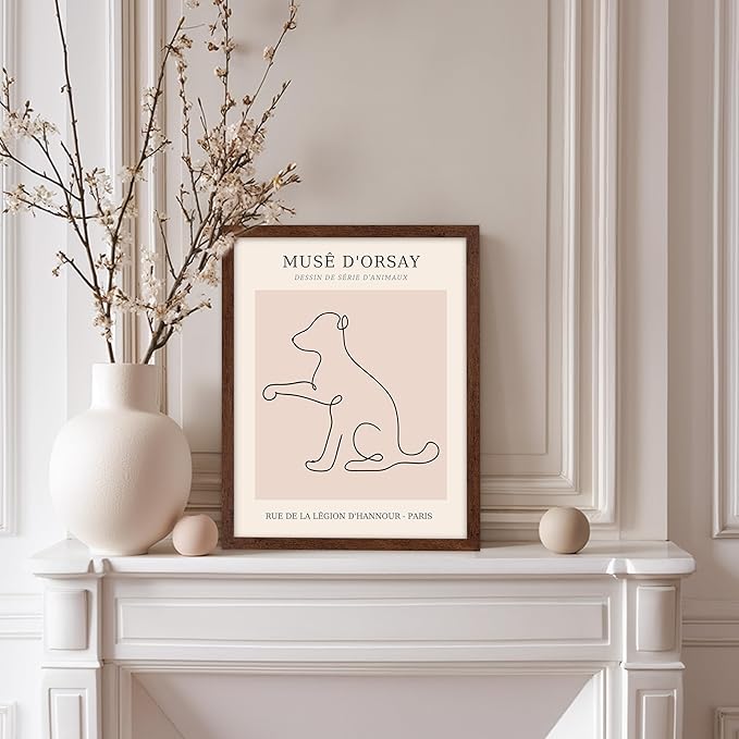 Poster Master Vintage Poster - Retro One Line Dog Drawing Print - Dog Art - Minimal Gift for Men, Women, Animal Lover - Abstract Wall Decor for Home, Office, Bedroom, 11x14 Brown Framed