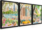 MUWAK Framed New York City Canvas Wall Art Set of 3 – Colorful NYC Skyline Central Park Yellow Taxi Posters, Modern Urban Landscape Wall Decor for Living Room Bedroom Office – 12x16in