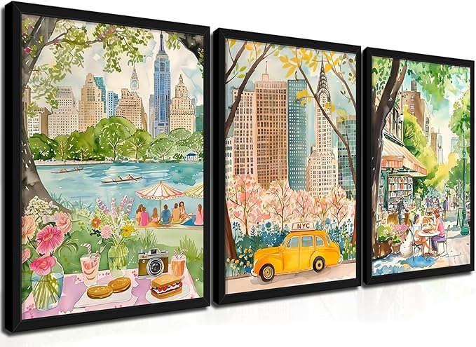 MUWAK Framed New York City Canvas Wall Art Set of 3 – Colorful NYC Skyline Central Park Yellow Taxi Posters, Modern Urban Landscape Wall Decor for Living Room Bedroom Office – 12x16in