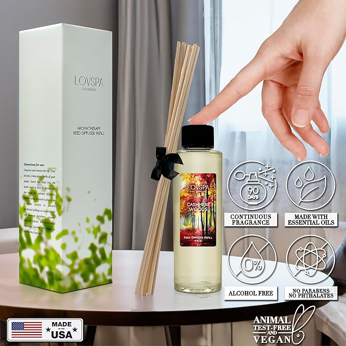 LOVSPA Cashmere Woods Diffuser Oil - Fall Essential Oils for Diffuser Refill & Air Freshener Room Spray - Long-Lasting & Natural Home Fragrance, Scented Oil for Diffusers, USA Made, 4oz