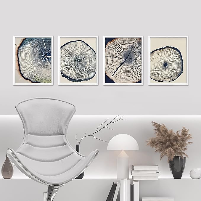 SIGNWIN Framed Blue & White Overexposed Wood Tree Ring Wall Art, Set of 4 Nature Wildernes Wall Decor Prints, Minimalism Wall Décor for Living Room, Bedroom - 8"x10" White