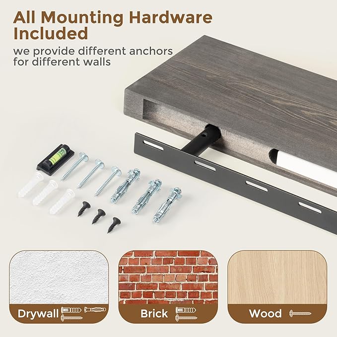 Marsmiles Floating Shelves for Wall - Small Wood Floating Shelves Set of 2-16 Inch Wide x 7.7 Inch Deep x 1.6 Inch Thick Rustic Grey Wooden Shelves for Room Wall