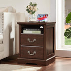 Farmhouse Nightstands with Charging Station，18" End Table with 2 Drawers，Farmhouse Nightstand with Vintage Handles, Bedside Cabinet for Bedroom for Bedroom, Living Room,Walnut