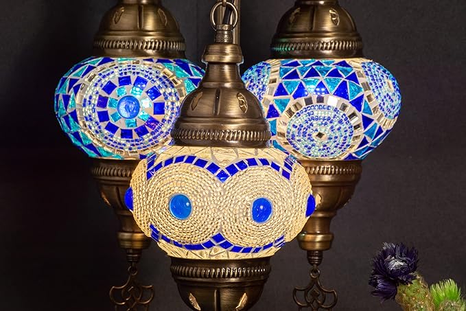 Mozaist Turkish Mosaic Lamp with Bulb – 3 Light Moroccan Table Lamp (Blue & White)