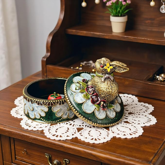 Handcrafted Rabbit Jewelry Box, Antique Gold Finish with Enamel Accents, Vintage Trinket Box for Rings and Small Keepsakes, Decorative Bunny Figurine Ornament