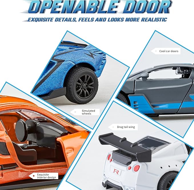 KIDAMI Racing Cars Toy Vehicles Set, Die Cast Metal Toy Cars with Pull Back & Doors Openable for Toddlers, Boys, Girls’ Educational Play, Birthday Gift