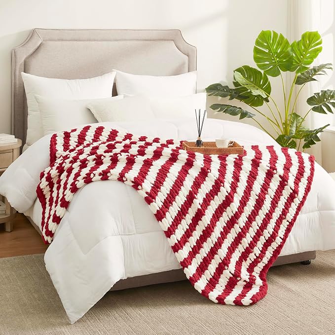 Amélie Home Chunky Knit Blanket Throw, Thick Soft Yarn Chunky Throw 50x60, Handmade Chenille Cable Knitted Crochet Throw Blanket, Warm Rope Knot Blanket for Couch Bed Sofa, Red White Stripe