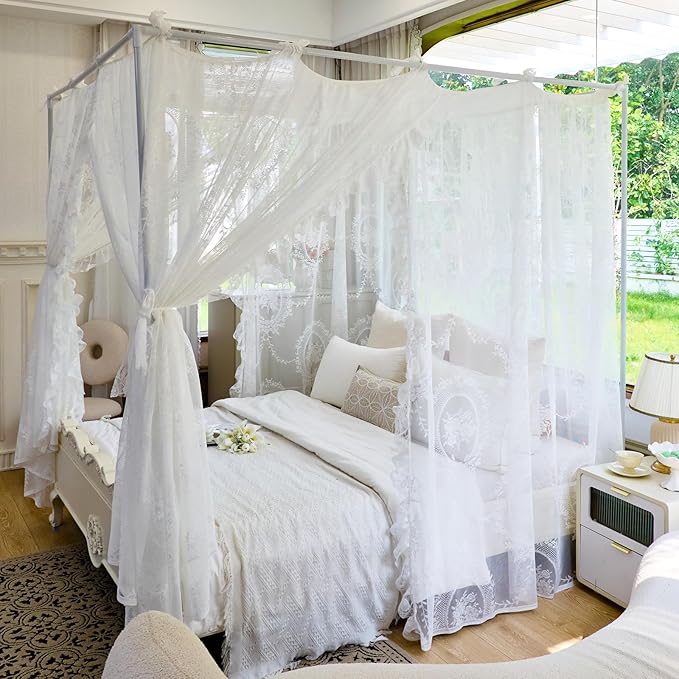 AIKASY Elegant Lace Princess 4-Poster Bed Canopy Mosquito Net - Romantic Wedding Bridal Bedroom Decor, Kids Room Bed Curtain for Women Adults - (White-2,Queen)