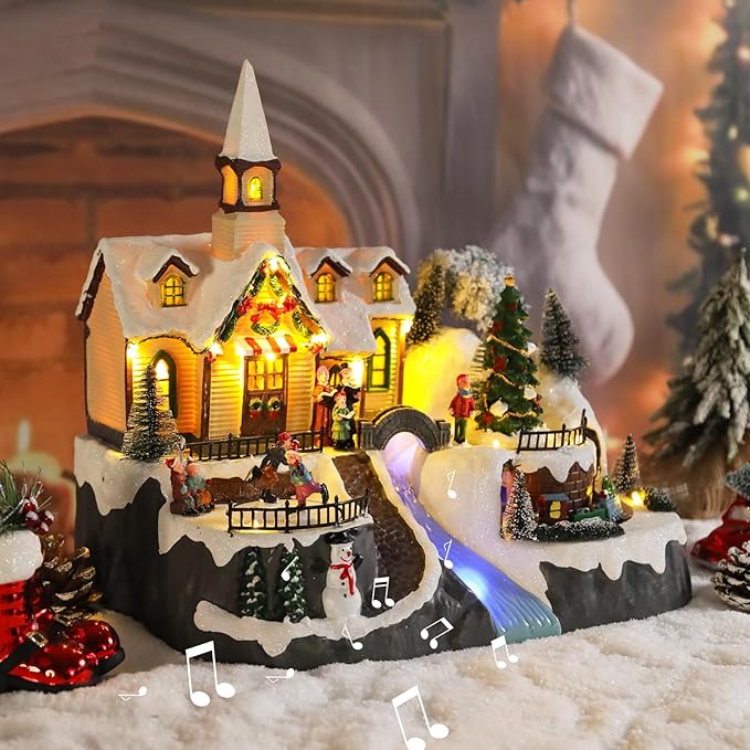Christmas Village House Musical Christmas Collectible Buildings Church Train Snowman Children Skating with LED Lights Vacation Village with USB Indoor Figurines Indoor Tabletop Decoration