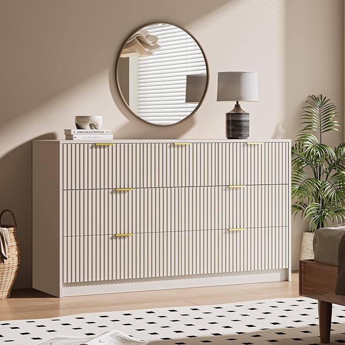 Beige 7 Drawer Dresser for Bedroom, Modern Fluted Dresser with Gold Metal Handles, Wide Chest of Drawers for Bedroom,Living Room, Entryway, Hallway, 55.9" L x 15.7" D x 31.4" H