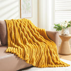 NEWCOSPLAY Super Soft Throw Blanket Mustard Yellow Premium Silky Flannel Fleece 3D Ribbed Jacquard Lightweight Bed Blanket All Season Use (Mustard Yellow Ribbed, Throw(50"x60"))