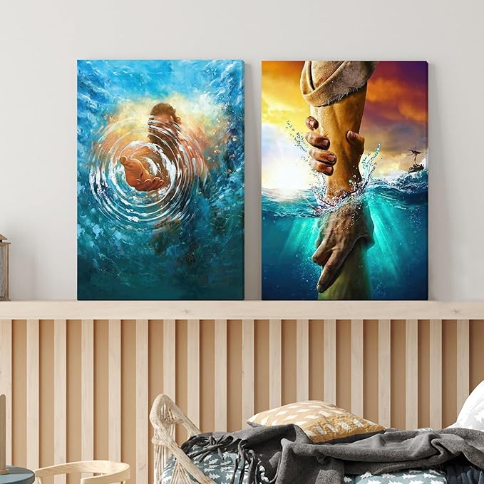 Framed Jesus Christ Canvas Wall Art The Hand of God Jesus Reaching Into Water Christian Painting Prints Biblical Wall Decor Religious Room Decor for Church Prayer Room Schools Hospitals 16" x 24"