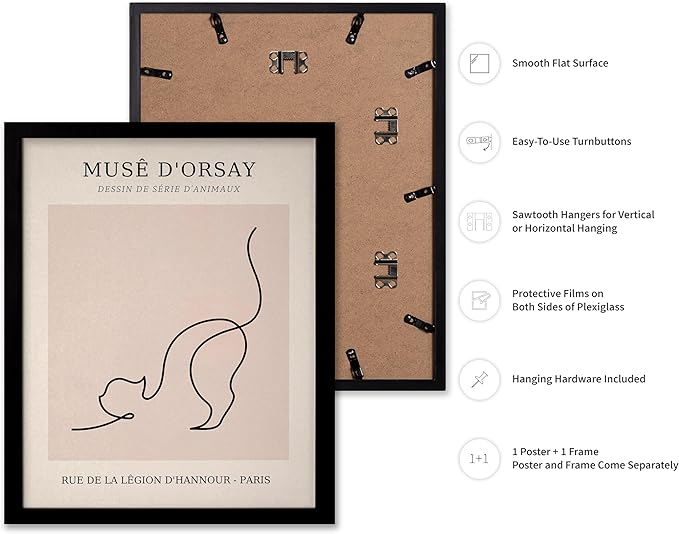 Poster Master Vintage Poster - Retro One Line Cat Drawing Print - Cat Art - Minimal Gift for Men, Women, Animal Lover - Abstract Wall Decor for Home, Office, Bedroom, 16x20 Black Framed