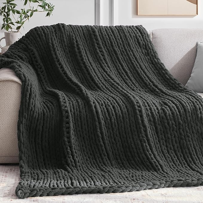 Chunky Knit Throw Blanket, 50''*60'' Knitted Throw Chenille Yarn for Bed Couch, Handmade Dark Grey Crochet Big Thick Blanket, Machine Washable Cute Comfy Blanket for Home Decor