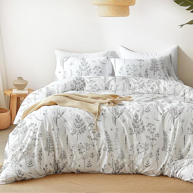 Love's cabin White Twin Size Comforter Set - Twin XL Size Dorm Bedding, 2 Pieces Cute Floral Bedding Comforter Set, Reversible Botanical Flowers Comforter, 1 Comforter & 1 Pillow Sham