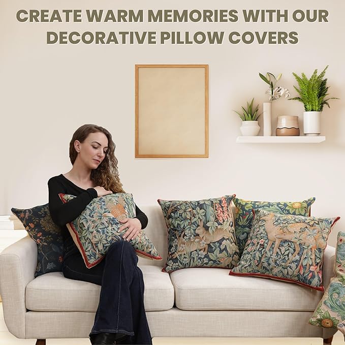 Charlotte Home Furnishings Decorative Tapestry Pillow Cover 19x19 in, Beige Kelmscott Couch Throw Pillow Cover, French Country Square Cushion Cases for Bed Room Home Decor, Soft Cotton Jacquard Woven