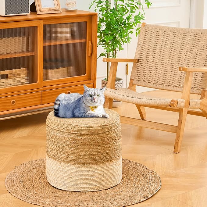 Wimarsbon Storage Pouf Ottoman, Hand Weaving Natural Straw Foot Stool, Bohemian Round Patio Ottomans, Rustic Lounge Pouffe, Outdoor Extra Seat for Garden