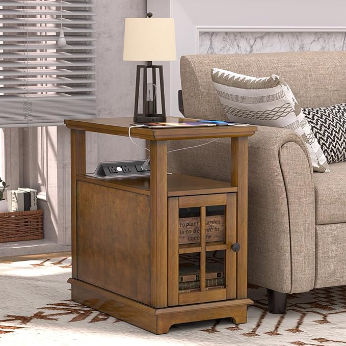 HIFYOBRO End Table with Flip Top Charging Station, Adjustable Shelf, Type-C & USB Port & Power outlets, Wooden Nightstand, Side Table with Storage for Living Room and Bedroom