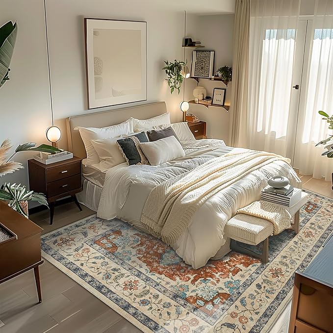 Topllen Washable Area Rug - Area Rug 6'x9' Boho Soft Living Room Rug, Non-Slip Large Area Rugs Indoor for Dining Room Livingroom Bedroom, Vintage Rug (Rust, 6x9ft)