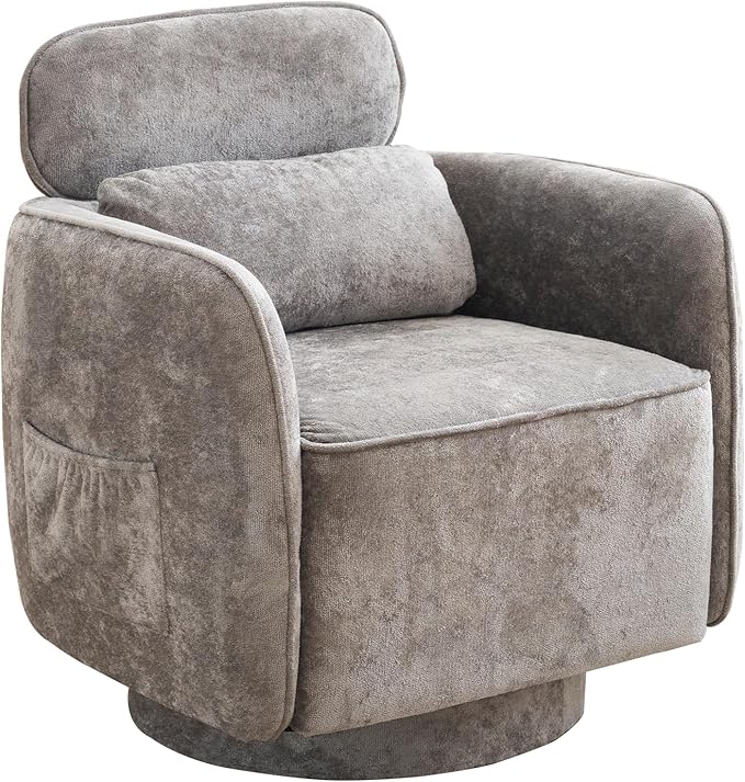 Modern 360° Grey Swivel Accent Chair with Adjustable Headrest, Chenille Accent Chair for Living Room, Vanity Chair for Makeup, Swivel Barrel Chair with Lumbar Pillow, Comfy Barrel Armchair, Grey