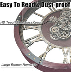 DORBOKER 27" Original Moving Gears Wall Clock, Large Industrial Wall Clock for Living Room Decor, Retro Metal Solid Wood Vintage Farmhouse Steampunk Rustic Clocks for Wall Decor,Cherry Red