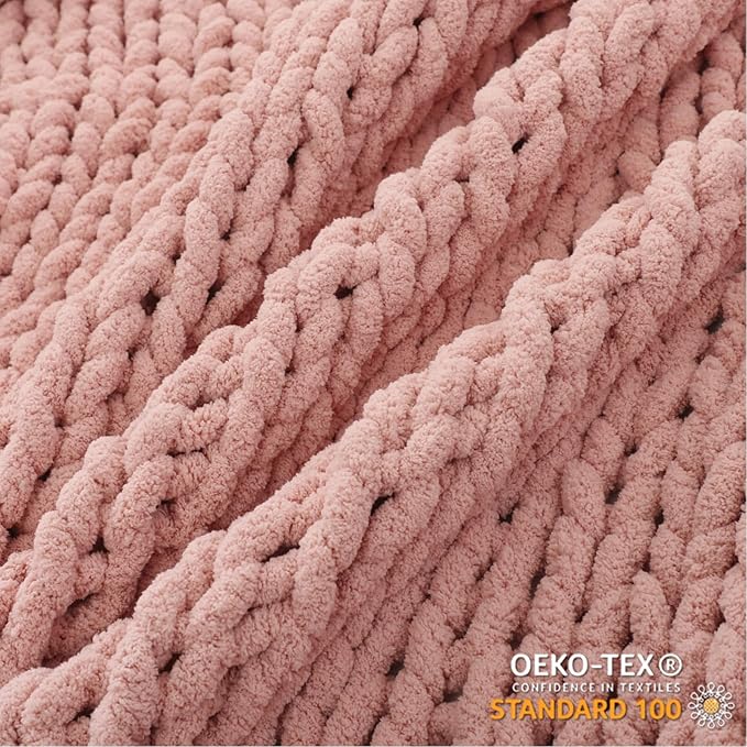 WESHIONGOO Chunky Knit Blanket Throw 50"×60" Knitted Throw Blankets for Couch Bed Fluffy Soft Blanket with Jumbo Chenille Yarn Thick 100% Handmade (Pink)