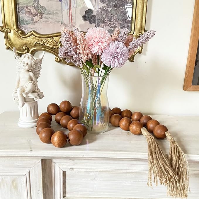 OMISHE 60" Long Extra Large Wood Bead Garland with 1.6" Diameter Wooden Beads and Tassels, Rustic Farmhouse Country Decorative Beads for Home Decor Tiered Tray Decor, Brown