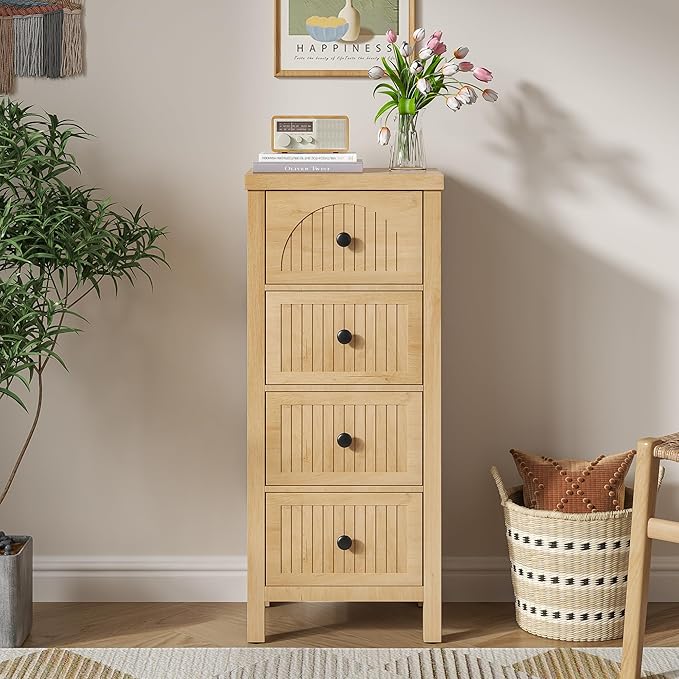 4 Drawer Dresser for Bedroom 36.81''Tall Modern Chest of Drawers with Fluted Panel Wood Storage Dresser Organizer with Deep Drawers for Nursery Living Room Hallway (1, Wood Color)