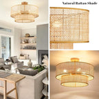 Hamilyeah 20 inch Ceiling Light Fixture Flush Mount Double Layer, Boho Light Fixture Ceiling Mount Wicker Shade, Bamboo Woven Rattan Light Fixture Ceiling for Living Room, Bedroom, Dining Room