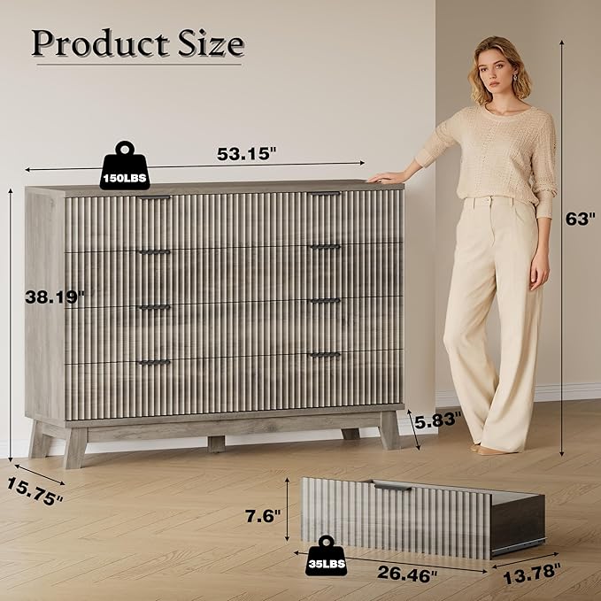 53" Tall Dresser for Bedroom, 8-Drawer Fluted Chest of Drawers, Modern Wood Highboy with Metal Slides and Handles, Anti-Tip Kit, Vertical Clothes Storage Organizer for Apartment, Closet
