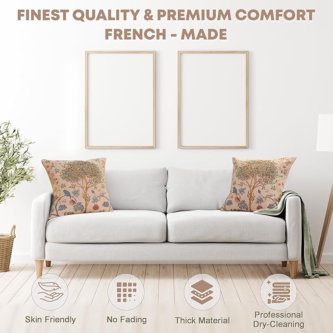 Charlotte Home Furnishings Decorative Tapestry Pillow Cover 19x19 in, Beige Kelmscott Couch Throw Pillow Cover, French Country Square Cushion Cases for Bed Room Home Decor, Soft Cotton Jacquard Woven