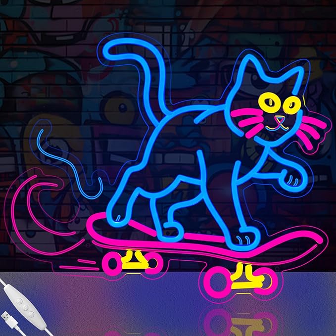 Cute Cat Neon Sign, Skateboard Neon Signs for Wall Decor Dimmable USB Room Decor for Teen Girl, Party, Bedroom, Pub, Furniture, Gifts for Birthday, Christmas (Cool Cat-Blue)