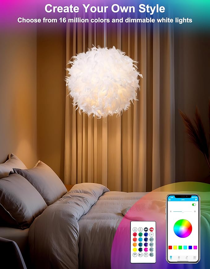 Star Vision Feather Lamp with Smart Light Bulb, Bluetooth Speaker & APP Control, Dimmable RGB LED Light, 15.7inches, White