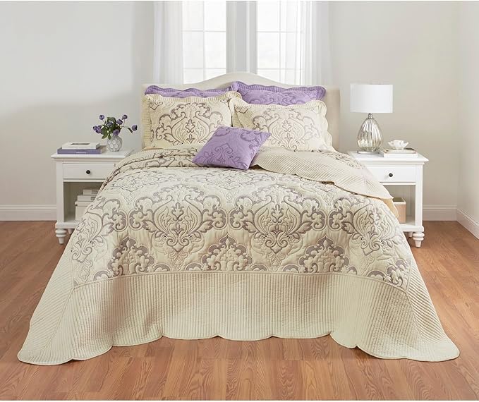 BrylaneHome Bedding Lightweight All Season Modern Amelia Quilted Damask Oversized Ultra Soft Bedspread - Twin, Ivory Lavender