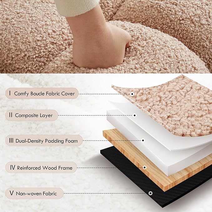 ONEVOG 21" Light Brown Funky Ottoman, Square Fuzzy Couch Sherpa Pouf Ottoman, Tufted Fluffy Boucle Fabric Foot Stools, Upholsered Footrest & Coffee Table for Living Room Bedroom, Cute Pouf Home Decor